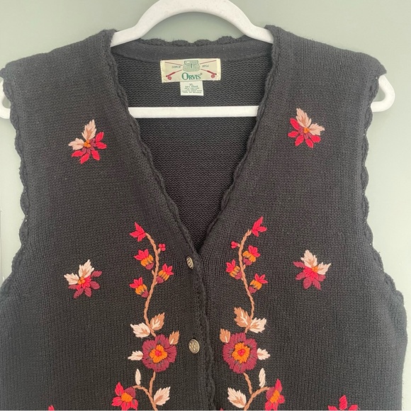Vintage Orvis Fall Leaves Floral Embroidered Knitted V-Neck Sweater Vest - Picture 3 of 11